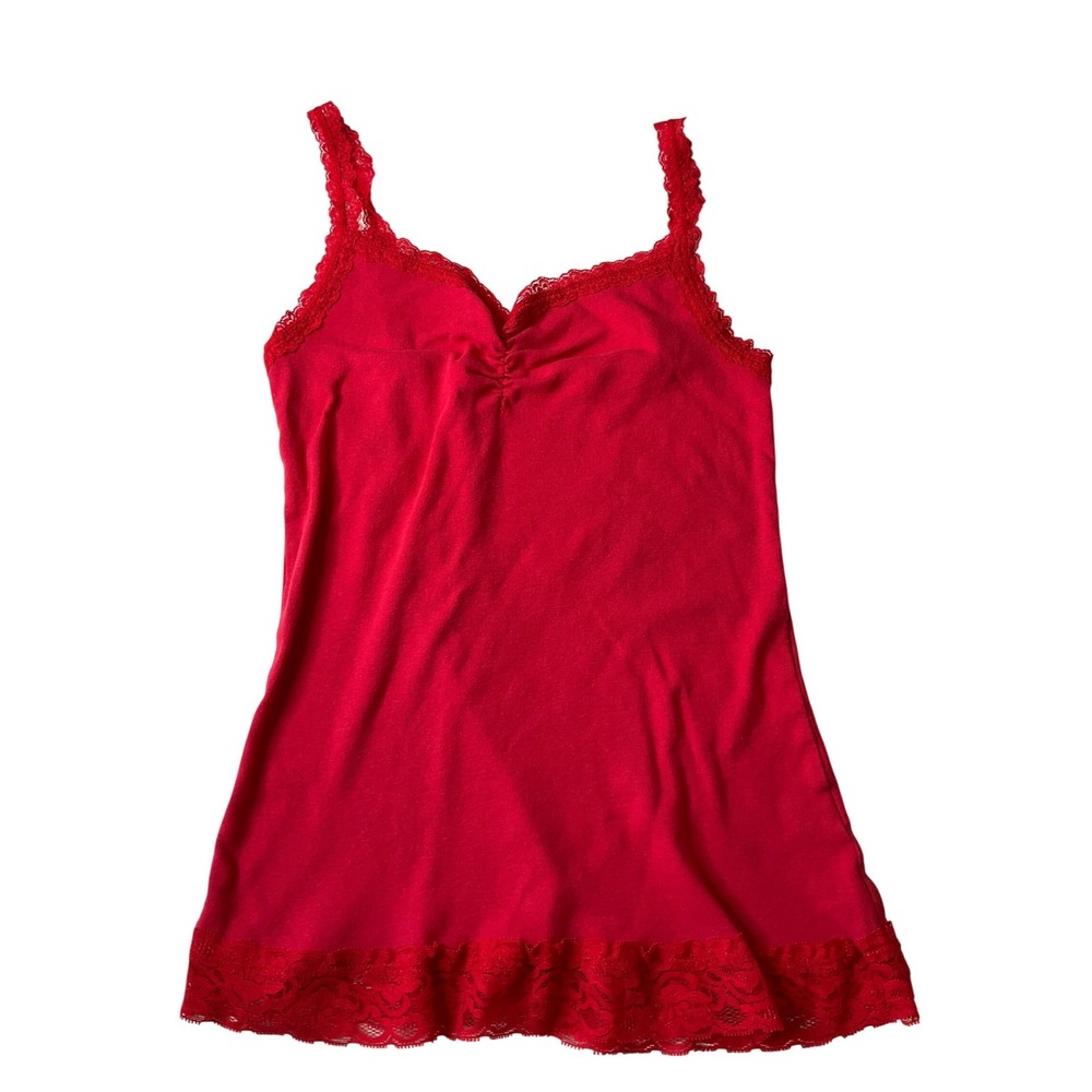 Y2K 90s Cami‎ Tank Top Long Lace Trim Stretch Ruched Bust Red Layer Preppy S